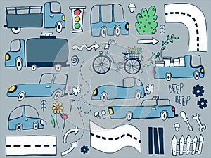 Hand drawn doodle set with funny cars, bus, roads, vector illustration