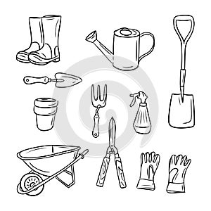 Hand drawn doodle set with items for gardening