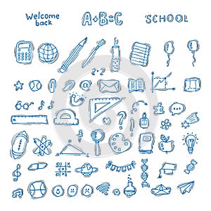 Hand drawn doodle set of school objects and symbols. Sketchy elements. Back to school. Education