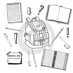 Hand drawn doodle set of school teen elements. Back to school. Writing supplies,copybook, notebook, sticky notes, backpack in cart