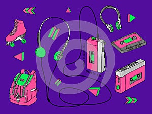 Hand drawn doodle set of teen isolated elements in 90s style. Retro audio player, cassette, headphones, roller skates, backpack in