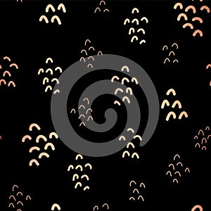 Hand drawn doodle shapes rose gold foil seamless vector background. Modern elegant simple pattern. Copper shapes on black. For