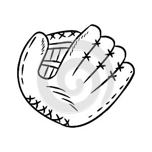 Hand drawn doodle sketch of baseball glove. Cartoon style drawing, for posters, decoration and print. Vector illustration