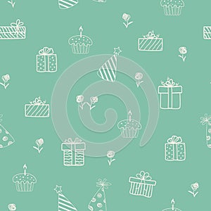 Hand drawn doodle sketch with gift boxes and cupcake on green background,seamless pattern for decorative,celebrate party or print