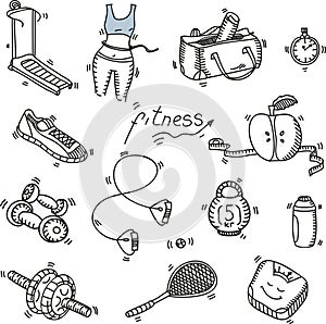 Hand drawn doodle sketch icons set fitness and