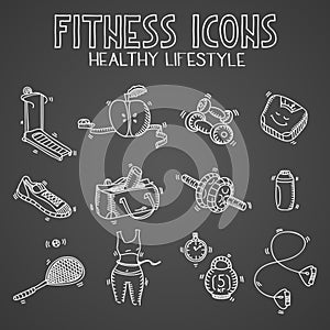 Hand drawn doodle sketch icons set fitness and