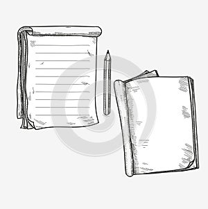 Hand drawn doodle sketch open notebook, clear page