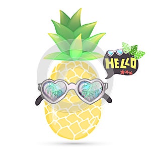 Hand drawn doodle sketch of pineapple in sunglasses. Speech bubble with palm leaves, sunglasses with reflection tropical palm tree