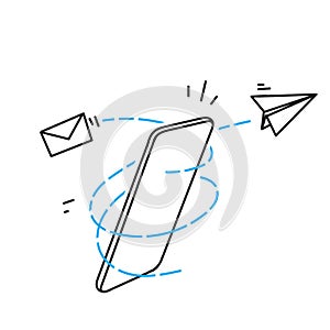 hand drawn doodle smart phone with flying paper plane and envelope illustration