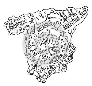 Hand drawn doodle Spain map. Spanish city names lettering and cartoon landmarks