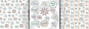 Hand drawn doodle speech bubble set and seamless patterns