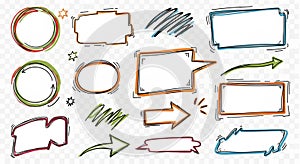 Hand Drawn Doodle Speech Bubbles, Arrows and Frames Vector Set