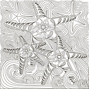 Hand drawn doodle starfish on waves