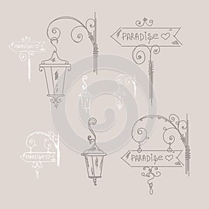 Hand drawn doodle street signs, sketch isolated vector illustration,