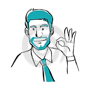 Hand drawn doodle style a businessman showing OK sign, business