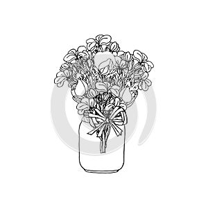 Hand drawn doodle style rustic bouquet of black and white stock flower and sweet pea. Boho wedding decoration. Isolated