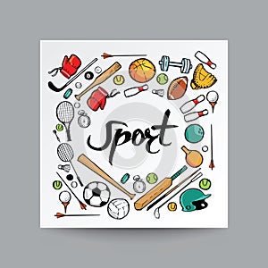 Hand drawn doodle style, sport equipment in isolated background, illustration vector greeting card and infographic design.