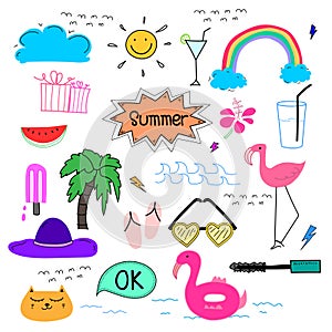 Hand Drawn Doodle Summer Vector Set. Doodle Funny Set.