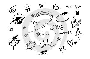 Hand drawn doodle swishes, swoops, emphasis vector set. Collection of black and white highlight text elements