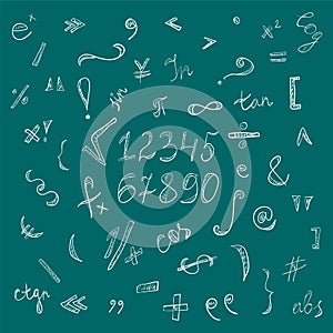 Hand Drawn Doodle Symbols and Numbers.Chalk Scribble Signs on Green Background.