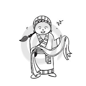 Hand drawn doodle tibetan girl holding piece of cloth symbol for losar day illustration