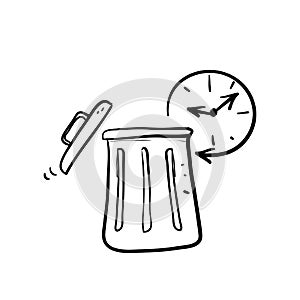 Hand drawn doodle trash bin and clock icon illustration vector