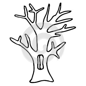Hand drawn doodle tree. Simple black line. autumn Oak with flown leaves and hollow