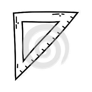 Hand drawn doodle triangle ruler. Vector sketch illustration of black outline school measurement scale tool, office