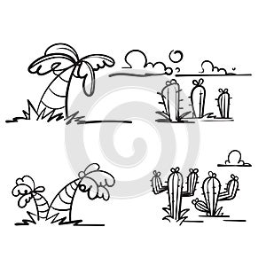 Hand drawn doodle tropical summer plant tree coconut palm and cactus illustration vector isolated