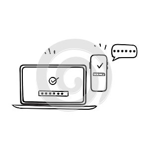 Hand drawn doodle two factor authentication and verification illustration vector isolated