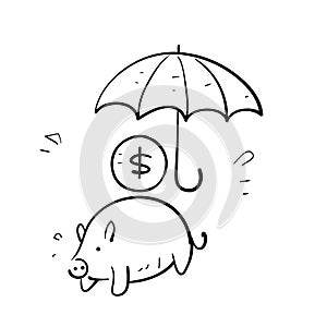 Hand drawn doodle umbrella piggy bank and money symbol for financial protection icon