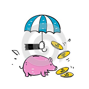 Hand drawn doodle umbrella piggy bank and money symbol for financial protection icon