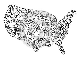 Hand drawn doodle USA map. American city names lettering photo