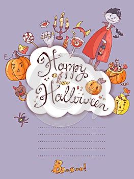 Hand drawn doodle vector halloween greeting card with the vampir
