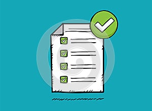 Hand drawn doodle vector illustration of checklist with all good answers marked