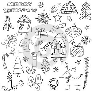 Hand drawn doodle vector illustration. Christmas art drawings in black. Set with lettering, ornaments, candy, present boxes for gi