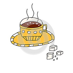 Hand drawn doodle vector illustration of delicious hot cup of coffee of tea. Isolated on white background.