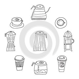 Hand drawn doodle vector illustration of set of various coffee drinks in glass, plastic and paper to-go cups and coffee