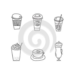 Hand drawn doodle vector illustration of set of various coffee drinks in glass, plastic and paper to-go cups. Isolated