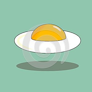 Hand drawn doodle vector illustration of sunny side up fried egg with yellow yoke shadow levitating on turquoise background
