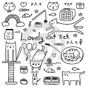 Hand Drawn Doodle Vector Lovely Cat Set. Cute Cat For Gift Wrap.