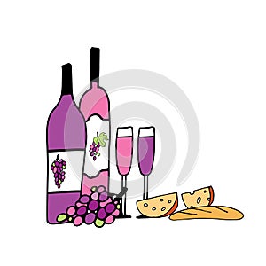 Hand drawn doodle vector pattern with cheese, wine glasses, bottles, grapes and bread. Wine party Beaujolais Nouveau event in