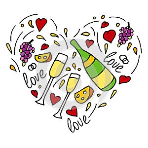 Hand drawn doodle vector pattern with cheese, wine glasses, bottles of sparkling wine, champagne, grapes and hearts. Wedding or