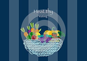 Hand drawn doodle Vegetables and wicker basket on blue stripe backgrounds,Vector illustrations