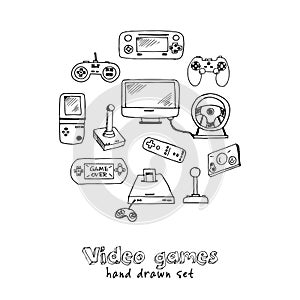 Hand drawn doodle video games set.