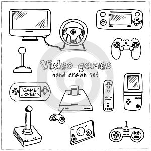 Hand drawn doodle video games set.