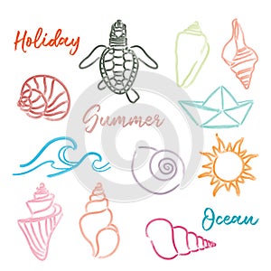 Hand drawn doodle watercolor Seashells and Sea elements set
