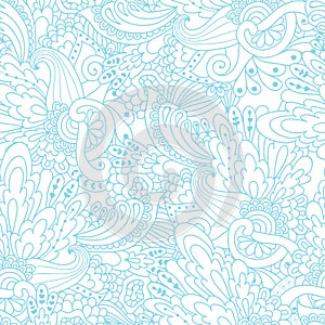 Hand-drawn doodle waves floral pattern, abstract blue leaves and