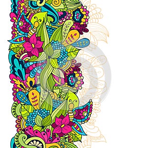 Hand-drawn doodle waves floral pattern, abstract leaves and flow