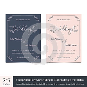 Hand drawn doodle wedding invitations design template. Hand drawn invitations wedding card design with vintage photo
